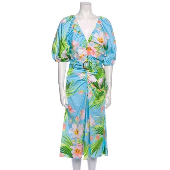 Carolina Herrera Blue Floral-Print Ruched Poplin Sleeve MIDI Dress Size 8 (V3 - Picture 7 of 9
